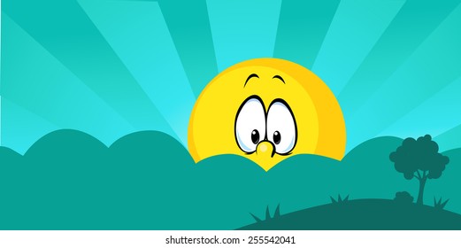 abstract turquoise background with tree and sun