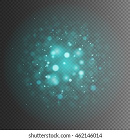 Abstract turquoise bokeh lights and sparkles. Isolated on a transparent background. Empty space for text. Detailed vector illustration.
