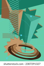 Abstract Turquoise and brown geometric shapes background. Vibrant simple vector banner, poster. Retro graphic old geometrical busy psychodelic volumetric art illustration.
