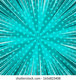 Abstract turquoise dynamic explosive background with radial rays spotted and halftone effects. Vector illustration