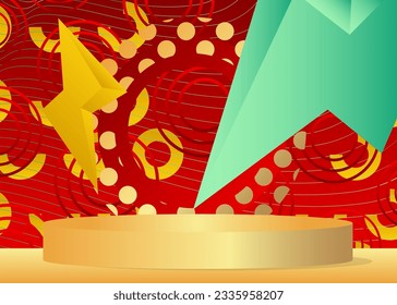 Abstract Turquoise, Gold, Red and Yellow Mockup product display. Vector cylinder pedestal podium. Minimal geometric stage showcase for presentation.