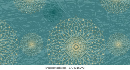Abstract turquoise grunge background with a yellow ornate mandala design. Mandala background for decoration invitation, cards, logos, cover, brochure, flyer, banner. Islam, arabic, Indian, ottoman