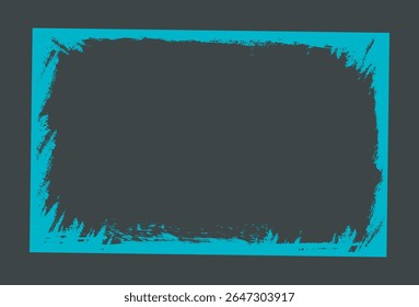 Abstract turquoise grunge frame with textured brush strokes on a solid black background. Concept of vintage border design. Vector illustration