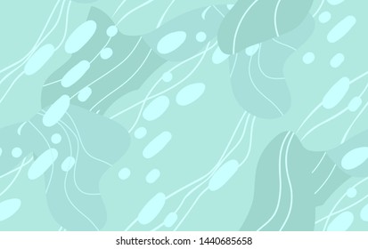 Abstract turquoise modern seamless pattern with color blobs and wavy lines and dots. Flat vector background for wallpapers, fabrics and your creativity