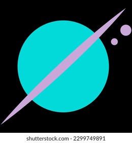 Abstract turquoise planet with two purple satellites on black background. Flat vector illustration for t-shirt print, logo.