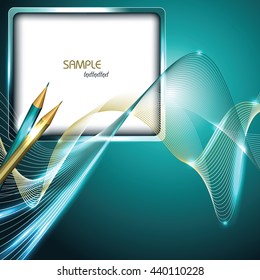 Abstract Turquoise Shiny Background with Notepad and Pencils.