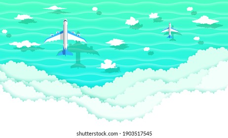 Abstract Turquoise Sky Gradient Background With AirPlane Travel Clouds Vector Nature Design Style