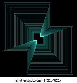 Cuadrados turquesa abstractos de las líneas sobre fondo negro.