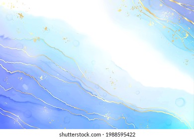 Abstract turquoise and teal blue liquid marbled watercolor background with wave pattern and golden cracks. Cyan alcohol ink marbled drawing effect. Vector illustration design template for invitation.