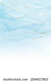Abstract turquoise and teal blue liquid marbled watercolor background with wave pattern and golden cracks. Cyan alcohol ink marbled drawing effect. Vector illustration design template for invitation.