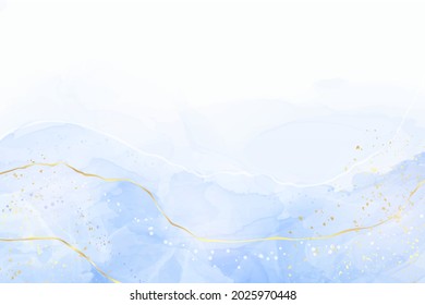 Abstract turquoise and teal blue liquid marbled watercolor background with wave pattern and golden cracks. Cyan alcohol ink marbled drawing effect. Vector illustration design template for invitation.