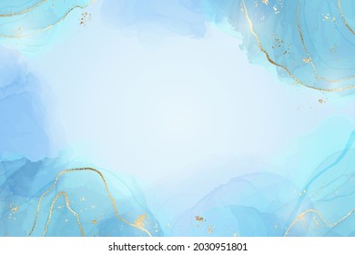 Abstract turquoise and teal blue liquid marbled watercolor background with wave pattern and golden cracks. Cyan alcohol ink marbled drawing effect. Vector illustration design template for invitation.