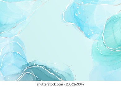 Abstract turquoise and teal blue liquid marbled watercolour background with silver lines and dots. Cyan alcohol ink marbled drawing effect. Vector illustration design template for the invitation.