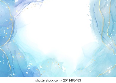 Abstract turquoise and teal blue liquid marbled watercolor background with wave pattern and golden cracks. Cyan alcohol ink marbled drawing effect. Vector illustration design template for invitation.