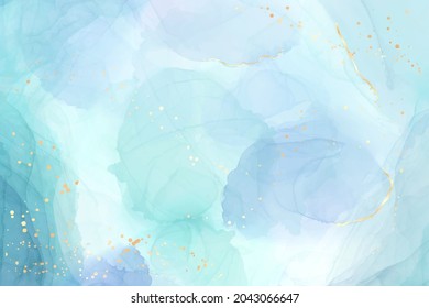 Abstract turquoise and teal blue liquid marbled watercolor background with wave pattern and golden cracks. Cyan alcohol ink marbled drawing effect. Vector illustration design template for invitation.