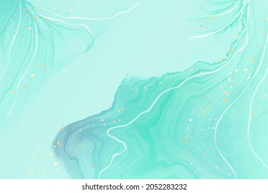 Abstract turquoise and teal blue liquid marbled watercolor background with golden lines and dots. Cyan alcohol ink marbled drawing effect. Vector illustration design template for invitation.