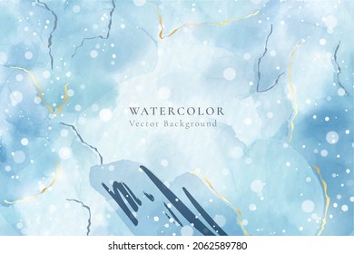 Abstract turquoise and teal blue liquid marbled watercolor background with golden lines and brush stains. Cyan alcohol ink marbled drawing effect. Vector illustration design template for wedding.