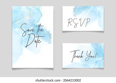 Abstract turquoise and teal blue liquid marbled watercolor background with wave pattern and golden cracks. Cyan alcohol ink marbled drawing effect. Vector illustration design template for invitation.