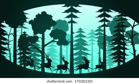Resumen de la silueta vectorial de fondo del bosque de árboles turquesa con ciervo