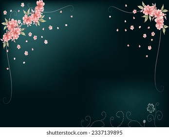 Abstract turquoise vector background with curly branches and bright flowers.