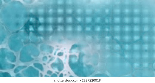 Abstract Turquoise Water Caustics Halftone Background. An abstract vector background featuring a turquoise and light blue halftone dot pattern resembling water ripples, light caustics, and organic liquid shapes.