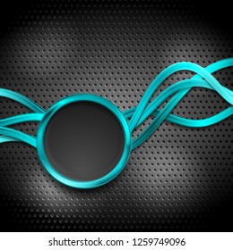 Abstract turquoise waves and glossy circle on dark perforated metallic texture. Vector background