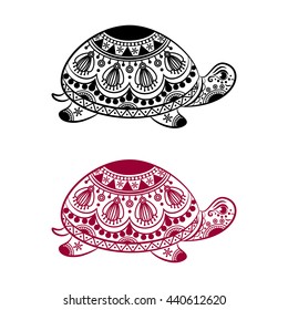 Abstract Turtle. Carved turtle. Stylized fantasy patterned turtle. Hand drawn vector illustration with traditional oriental floral elements. 