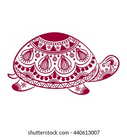 Abstract Turtle. Carved turtle. Stylized fantasy patterned turtle. Hand drawn vector illustration with traditional oriental floral elements. 
