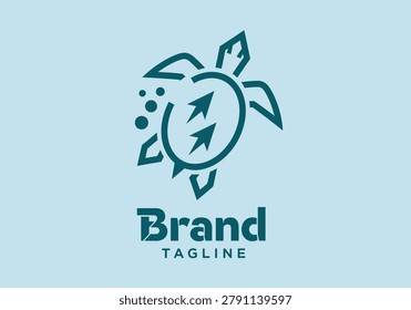 Abstract turtle with compass and leaf elements, minimalistic logo, blue background