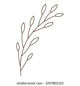 Abstract twig with leaves. A blade of grass. Autumn time. Botanical, plant design element with outline. Doodle, hand-drawn. Flat design. Black white vector illustration. Isolated on a white background