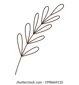 Abstract twig with leaves. A blade of grass. Botanical, plant design element with outline. Doodle, hand-drawn. Flat design. Black white vector illustration. Isolated on a white background