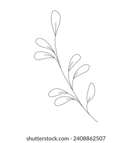Abstract twig with leaves. Hand drawn illustration. Minimalist doodle style icon. Outline template for greeting card, simple logotype, cute decorations, invitations, cosmetic designs, gifts. Eps.