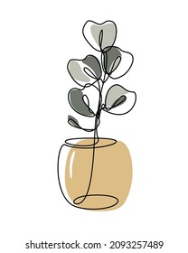 Abstract twig with leaves in a vase. Line art drawing botanicals. Black outline and colored spots. Flower pot. Modern design. Vector illustration on white background.