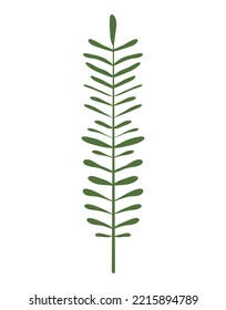 Abstract twig with small leaves. Branch silhouette, straight trunk, green. To create vector brushes, design element. Plant icon, flat doodle style. Illustration isolated on transparent background