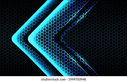 Abstract twin blue light neon arrow glossy direction on dark hexagon mesh pattern design modern futuristic background vector illustration.