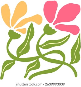 Abstract Twin Flower Illustration with Pink and Orange Petals and Green Leaves	