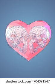 Abstract twin low poly skull in pink polygonal heart with wireframe on blue background