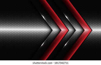 Abstract twin red glossy arrow direction on silver dark hexagon mesh pattern design modern luxury futuristic background vector illustration.