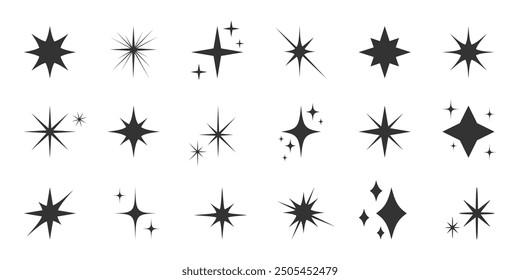 Abstract Twinkle Sparkle stars icons collection. Spark asterisk shapes set. Black silhouette. Starburst Bling magic shine effect. Simple retro style Element for card, banner, icon, logo, poster design