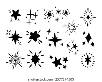 Abstract Twinkle Sparkle stars icons collection. Spark asterisk shapes set. Black silhouette. Starburst Bling magic shine effect. Simple retro style Element for card, banner, icon, logo, poster design