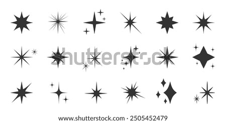 Abstract Twinkle Sparkle stars icons collection. Spark asterisk shapes set. Black silhouette. Starburst Bling magic shine effect. Simple retro style Element for card, banner, icon, logo, poster design