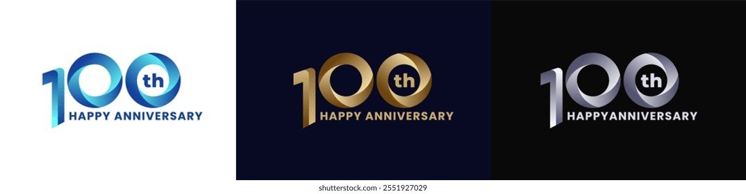 Abstract Twist Logo Anniversary 100th, 100th Happy Anniversary with Colorful Gradient, Luxury Gold and Elegant Silver. Editable file