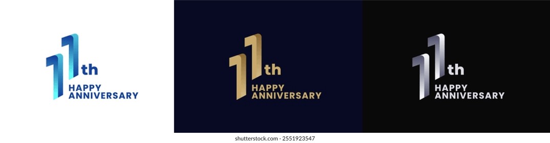 Abstract Twist Logo Anniversary 11th, 11th Happy Anniversary with Colorful Gradient, Luxury Gold and Elegant Silver. Editable file