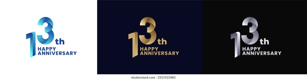 Abstract Twist Logo Anniversary 13th, 13th Happy Anniversary with Colorful Gradient, Luxury Gold and Elegant Silver. Editable file