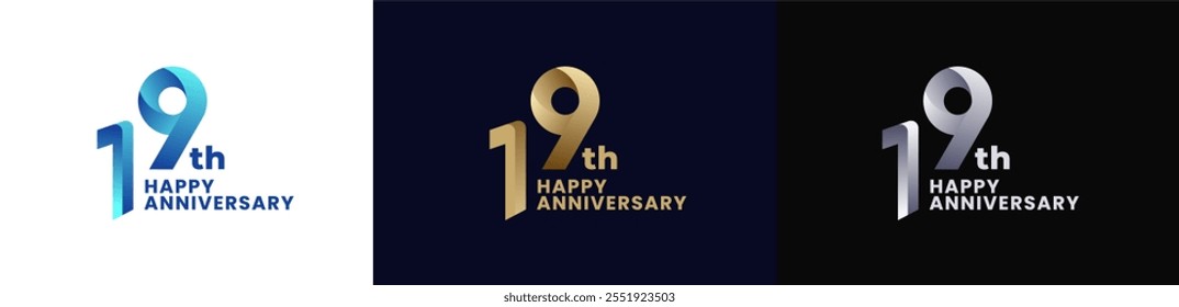 Abstract Twist Logo Anniversary 19th, 19th Happy Anniversary with Colorful Gradient, Luxury Gold and Elegant Silver. Editable file