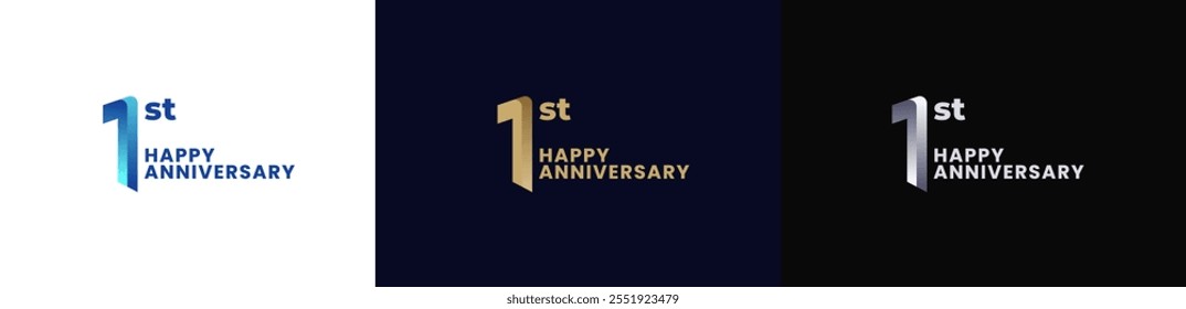 Abstract Twist Logo Anniversary 1st, 1st Happy Anniversary with Colorful Gradient, Luxury Gold and Elegant Silver. Editable file