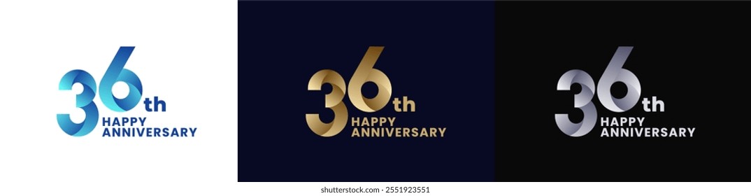 Abstract Twist Logo Anniversary 36th, 36th Happy Anniversary with Colorful Gradient, Luxury Gold and Elegant Silver. Editable file