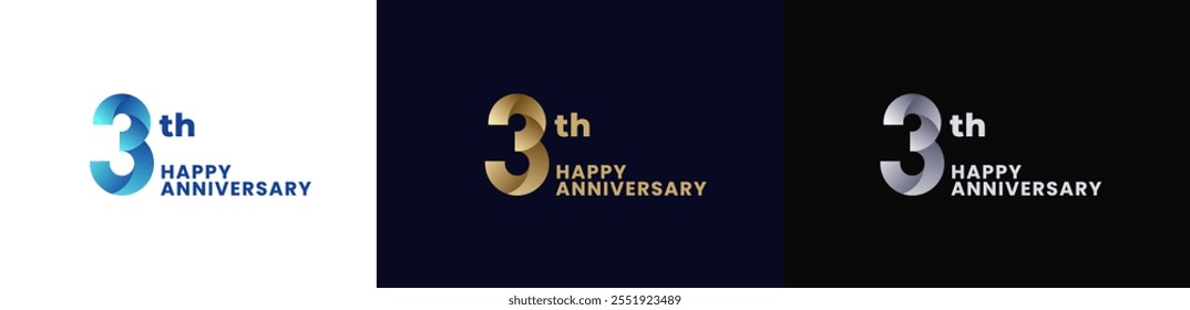 Abstract Twist Logo Anniversary 3th, 3th Happy Anniversary with Colorful Gradient, Luxury Gold and Elegant Silver. Editable file