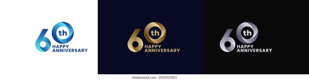Abstract Twist Logo Anniversary 60th, 60th Happy Anniversary with Colorful Gradient, Luxury Gold and Elegant Silver. Editable file
