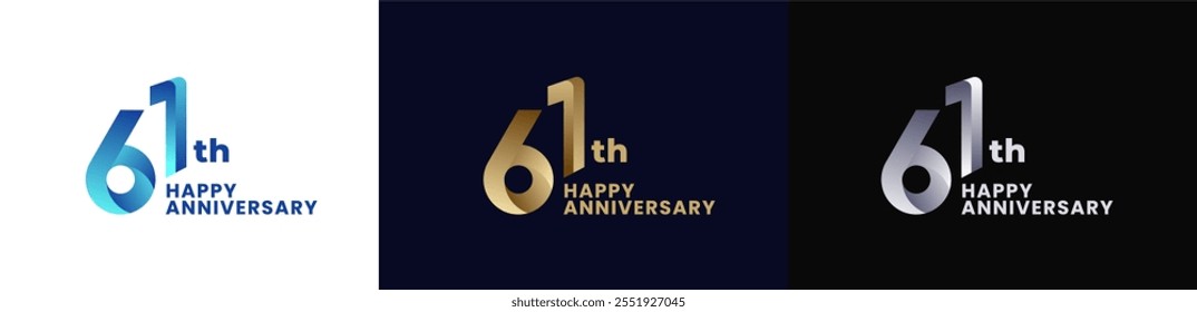 Abstract Twist Logo Anniversary 61th, 61th Happy Anniversary with Colorful Gradient, Luxury Gold and Elegant Silver. Editable file